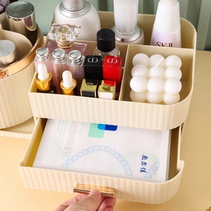 Rotating makeup organizer box with dustproof lid and gold handle for skincare and lipstick