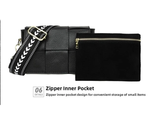 Detail of zippered inner pocket and leather woven texture on a black shoulder bag