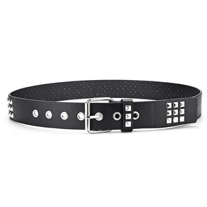 Punk black leather belt with three rows of silver square studs and metal buckle for jeans