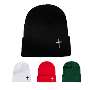 Bonnet En Maille Avec Broderie De Croix Acrylique À Revers Hiver Chaud Décontracté Streetwear Pour Hommes Et Femmes