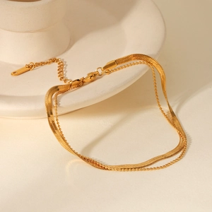 18K gold plated stainless steel double layer anklet with flat snake and bead chains