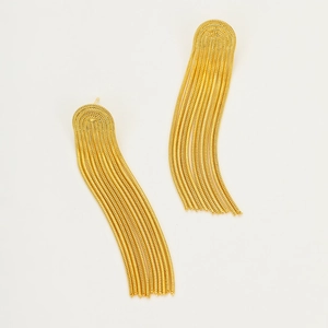 Close-up of elegant 18K gold plated stainless steel multi-layer tassel earrings on white