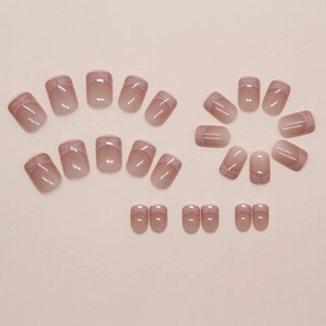 Detailed view of 24 pieces of light brown plaid french style press-on nails set