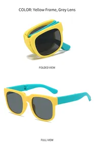 Compact foldable kids sunglasses showing yellow frame and blue temples in detail