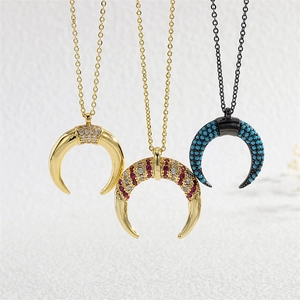 Fashionable horn moon pendant necklaces with micro-set zircon and colorful gemstones