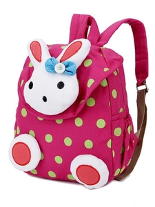 Polka dot canvas toddler backpack with cute 3D bunny design in vibrant rose pink