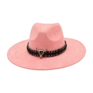 Pink wide brim fedora hat with bohemian woven band and silver bull head accessory