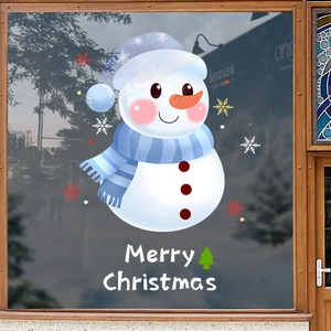 Sticker de Noël bonhomme de neige avec bonnet violet et flocons sur vitre en verre