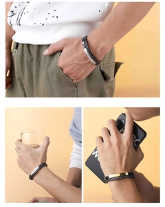 Men's minimalist braided leather bracelet shown in various lifestyle scenarios and views