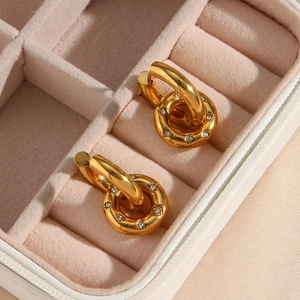18K gold plated stainless steel hoop earrings with clear crystals in a pink velvet box