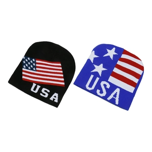 Winter knit beanies featuring the USA flag and bold lettering in black and tricolor styles