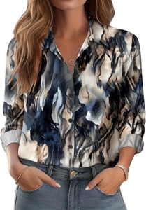 Detail of artistic abstract ink print on women's long sleeve lapel shirt with dark buttons