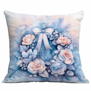 Detailed close-up of blue Christmas pillowcase with winter rose and berry patterns