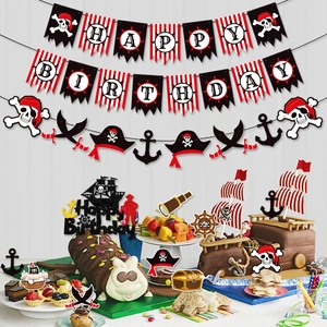Halloween pirate birthday party decoration set with banners, cake toppers and swirls