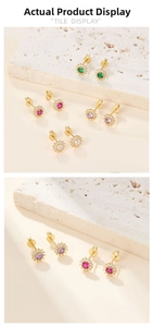 Detail of sunflower stud earrings featuring multi-color gemstones and halo diamond setting