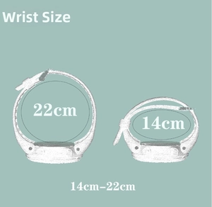 Wrist size guide for the square transparent watch showing 14cm to 22cm range
