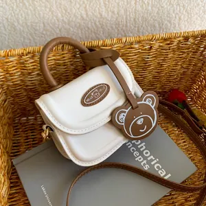 Mini Crossbody Bag PU Leather Small Square Handbag With Cute Bear Pendant Flap Cover Adjustable Strap For Women Girls