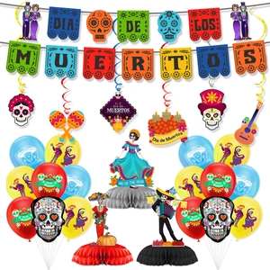 Detailed view of Day of the Dead party kit including banners, balloons and honeycomb decor