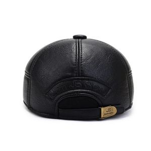 Men's winter black leather baseball cap with adjustable metal buckle and warm ear flaps