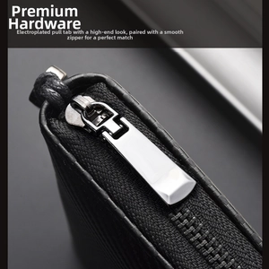 Macro shot of silver plated metal zipper and carbon fiber texture on men's wallet