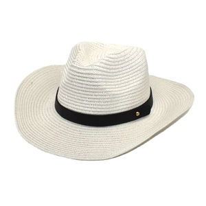 Weißer Panama Strohhut im Cowboy-Stil mit schwarzem Dekoband und goldenen Nieten für Damen