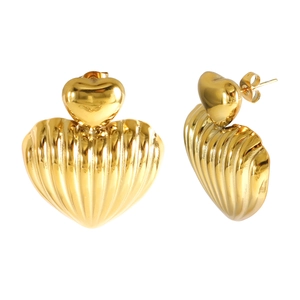 Golden double heart earrings with smooth stud and ribbed shell texture pendant on white background