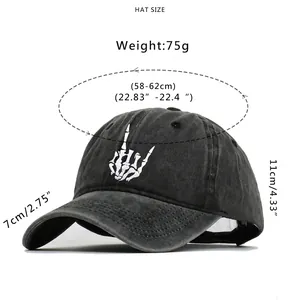 Casquette de baseball unisexe en coton lavé noir avec broderie doigt d'honneur squelette