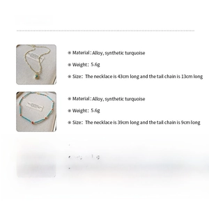 Detailed specs of bohemian alloy and synthetic turquoise beaded necklaces with dimensions