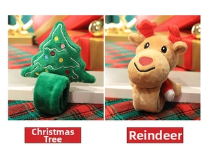 Detail view of plush Christmas slap bracelets in reindeer and Christmas tree designs