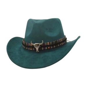 Western Cowboy Hat Suede Wide Brim Jazz Hat With Bull Skull Buckle Ethnic Woven Band Vintage Outdoor Performance Fedora Hat