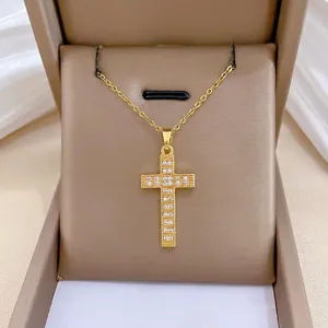 Elegant Cross Pendant Necklace Titanium Steel Chain Copper Micro Paved Zircon Clavicle Chain Jewelry For Women