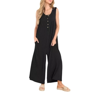 Women black ribbed sleeveless jumpsuit with button front and wide legs on white background
