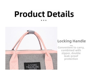 Detail of pink and gray oxford fabric mummy bag with reinforced stitching and logo patch
