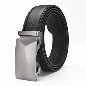 Men's black leather belt with matte silver automatic buckle in a sleek business style
