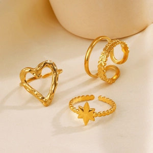 Minimalist gold heart and star stainless steel open rings set in a polished finish