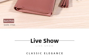 Detail of dark pink PU leather wallet featuring side tassel and golden zipper hardware