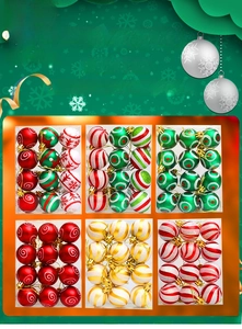 Detailed set of 12 painted Christmas balls in red, green, and white with glitter patterns