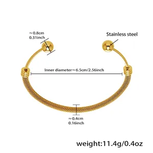 Detail of 18k gold plated stainless steel mesh bracelet with polished ball ends and dimensions