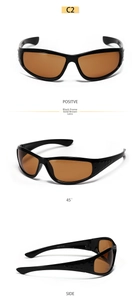Close-up of Y2K style black sunglasses with gold brown lenses and CE mark on temple