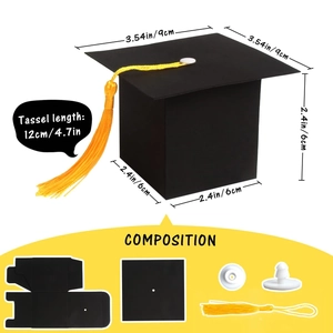 Detailed size specifications for graduation cap gift box with dimensions and components