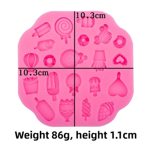 Pink silicone mold with candy, donut, and ice cream shapes, size 10.3cm x 10.3cm