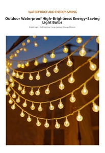 Close-up of waterproof LED globe string lights with warm yellow bubble texture bulbs