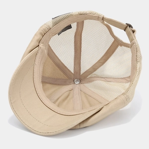 Breathable khaki mesh newsboy cap with adjustable metal buckle and ventilated paneling