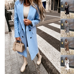 Women's double-breasted wool blend coat with notched lapels in multiple elegant colors