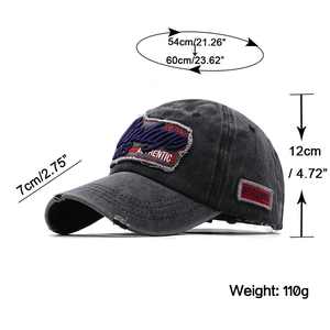 Vintage washed dark grey baseball cap with 3D embroidery and distressed brim details