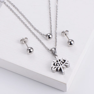 Parure arbre de vie en argent avec collier double chaîne et boucles d'oreilles boules