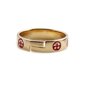 Gold plated open smiley ring with red enamel details and mushroom pattern accents