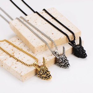 Vintage bull skull and horn mask pendant necklace in gold, silver and black finishes