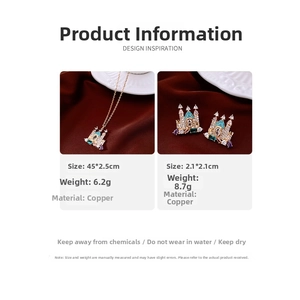 Detail view of 18K gold plated castle jewelry set with vibrant multicolor zircon stones