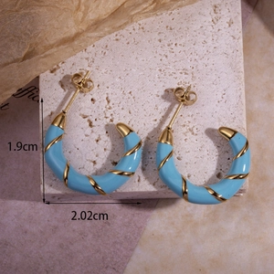 French retro C-shaped blue enamel twisted stainless steel earrings with gold thread details